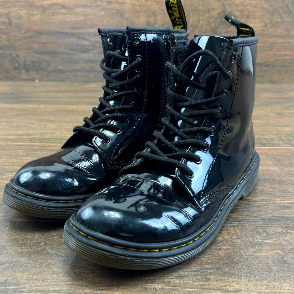 Dr. Martens Boots Womens 5 Gloss Black Patent Leather Lace Up Side Zip Combat